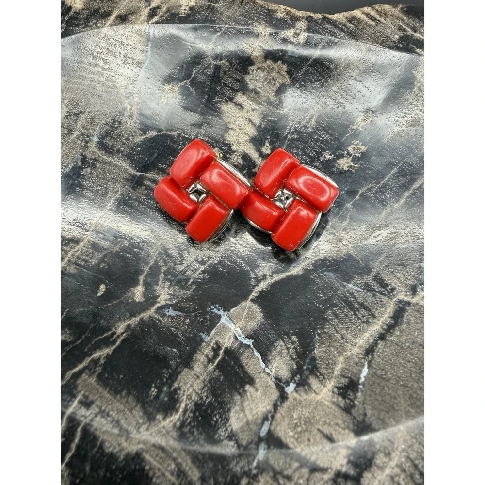 Vintage Lisner‎ Red Lucite Rectangles Windmill Shape Clip Earrings Silver Tone